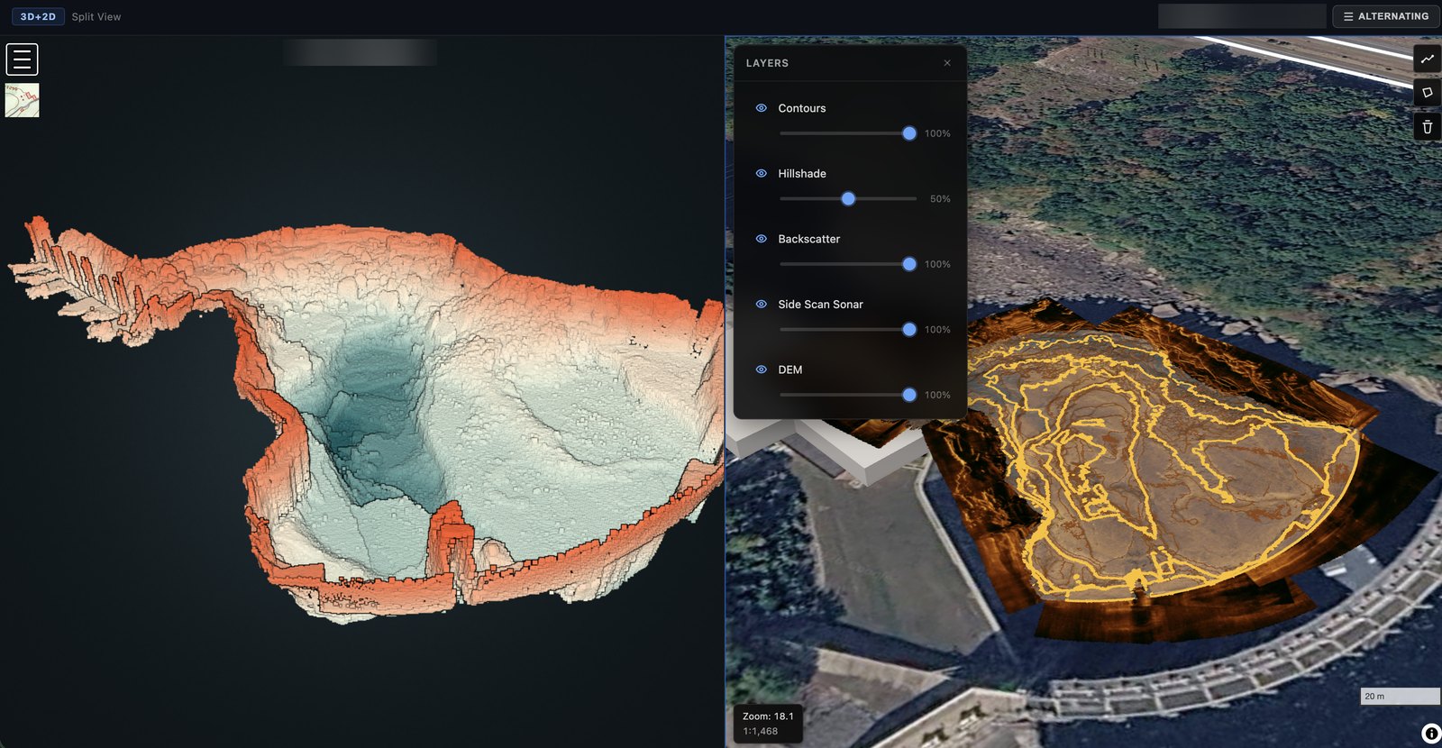 3D bathymetric point cloud next to a 2D map with contours, hillshade, backscatter and side-scan sonar layers