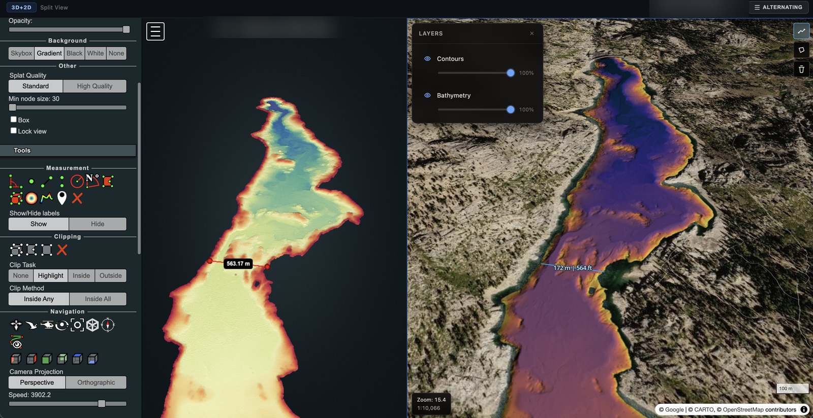 Reservoir survey: colorized point cloud with measurements, synchronized with the 2D bathymetry layer