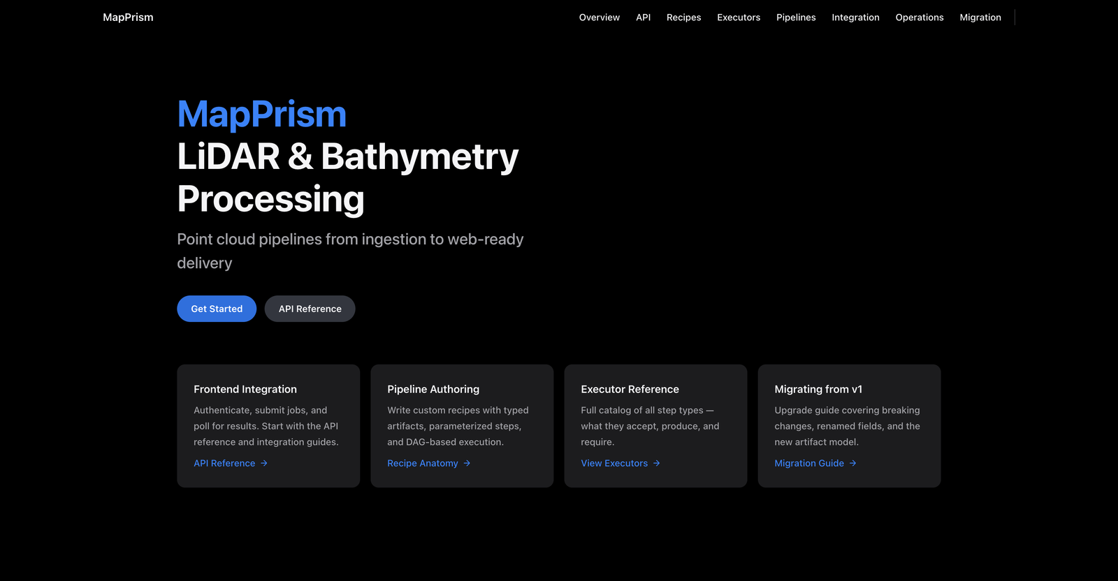 MapPrism documentation site: API, recipes, executors and preset pipelines