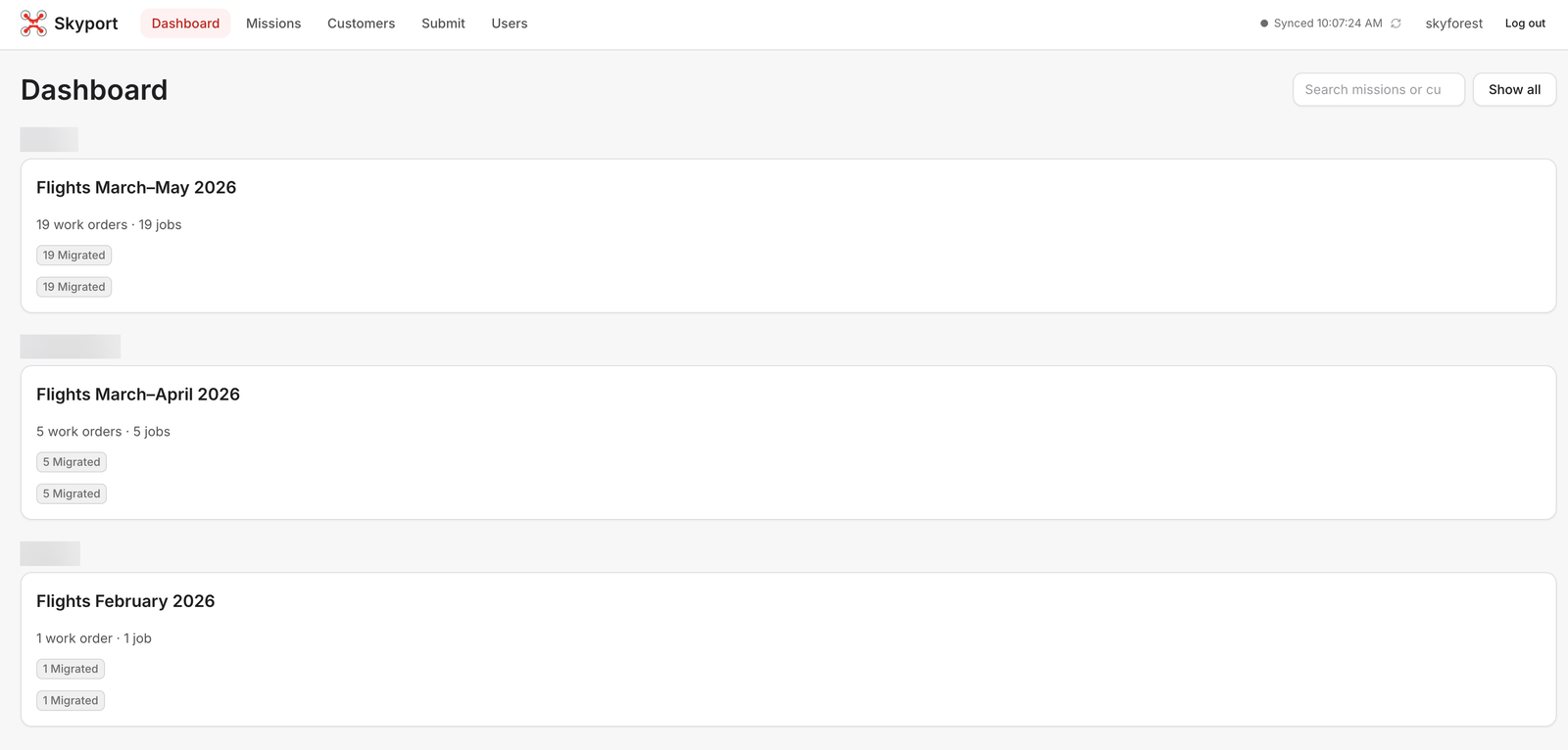 Dashboard grouping missions and work orders by customer