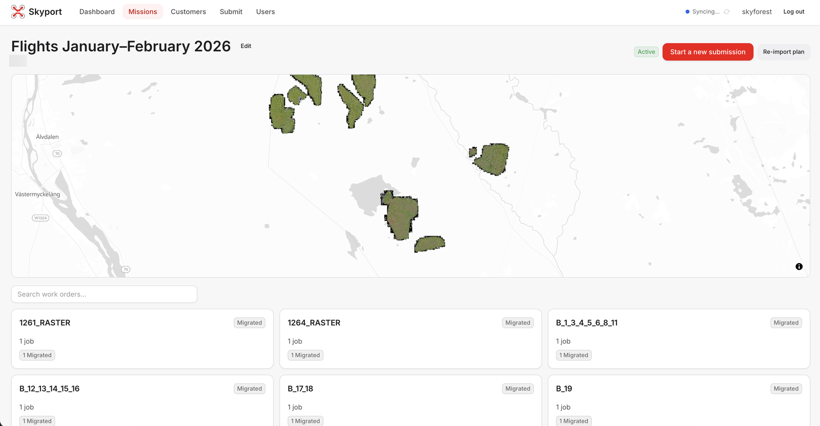 Mission view with processed flight coverage on a MapLibre map