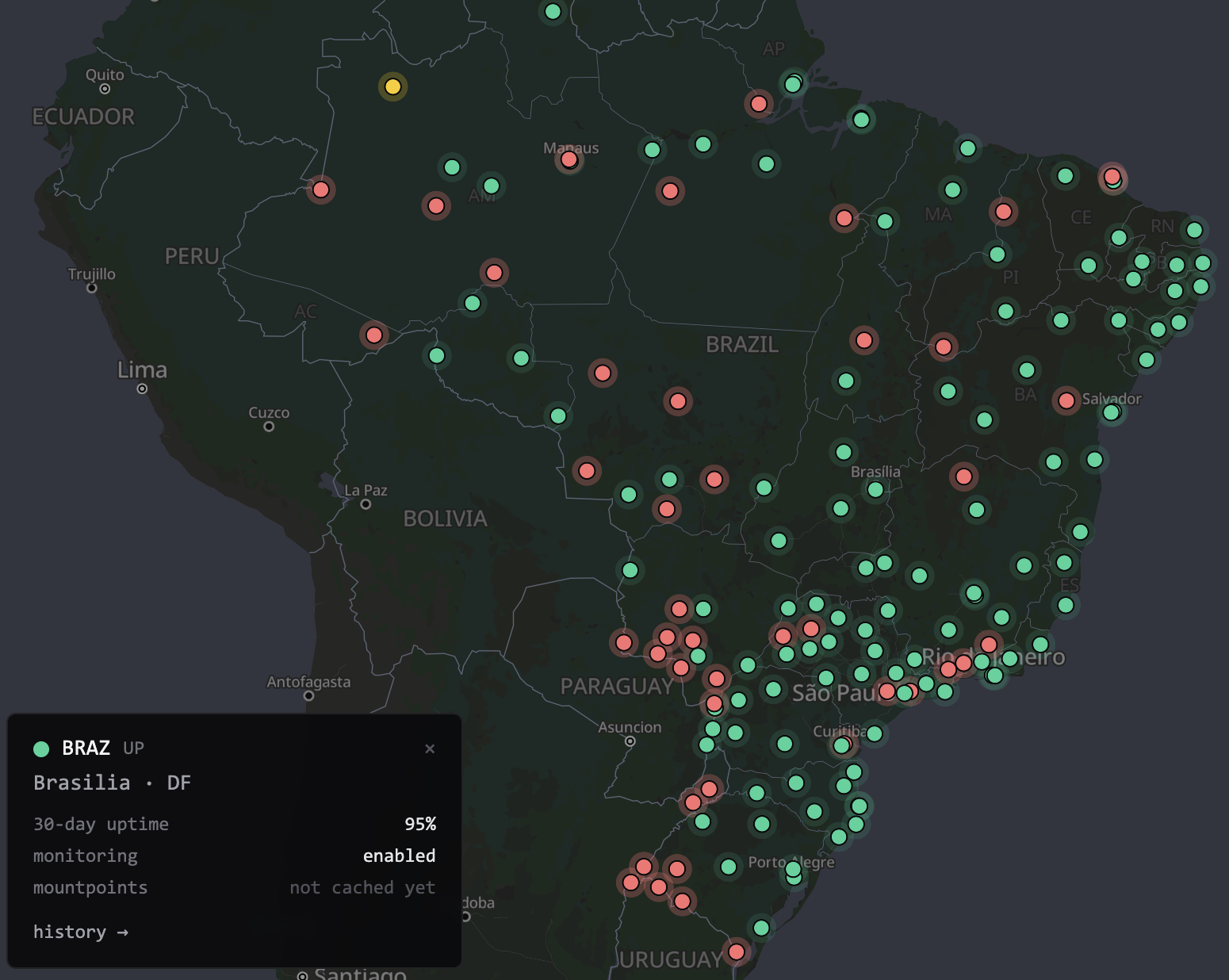 RBMC map with a station clicked, showing status, uptime and a link to its history